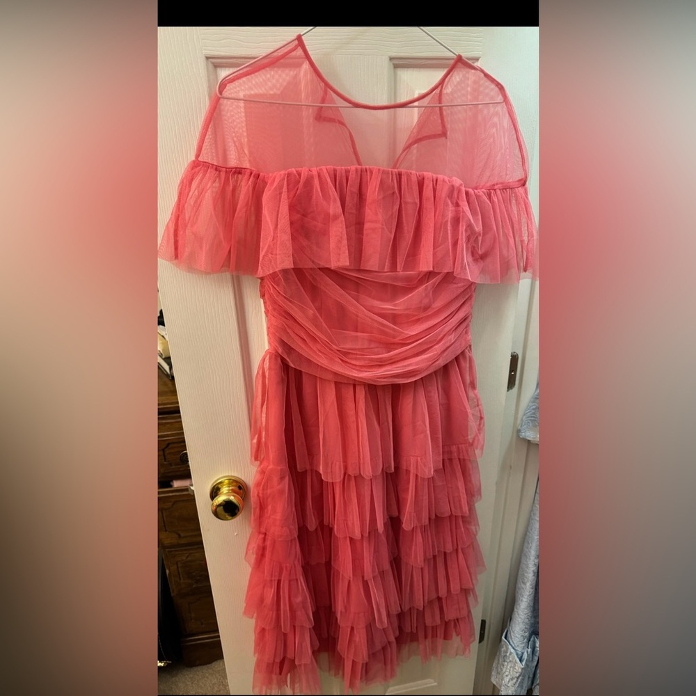Anaya With Love mesh top tiered ruffle midi dress in pink Size 8 NWT